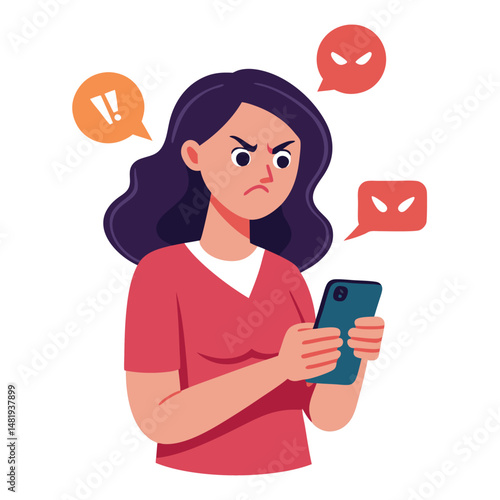 Angry woman online, texting hate comment on mobile phone. Aggressive person with smartphone, chatting in social media, internet conflict. Flat vector illustration isolated on white background 