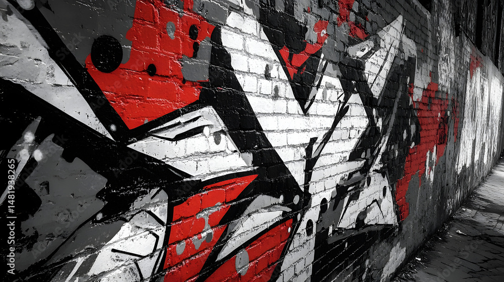Fototapeta premium Vibrant urban graffiti art on a brick wall, showcasing striking red and black elements in a dynamic street setting.