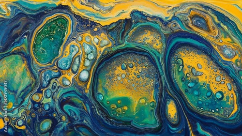 Colorful abstract fluid art painting with vibrant blue and yellow tones, created with pouring techniques
