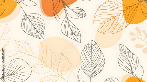 A vibrant pattern featuring black line-drawn leaves on a soft, warm background of oranges and creams.