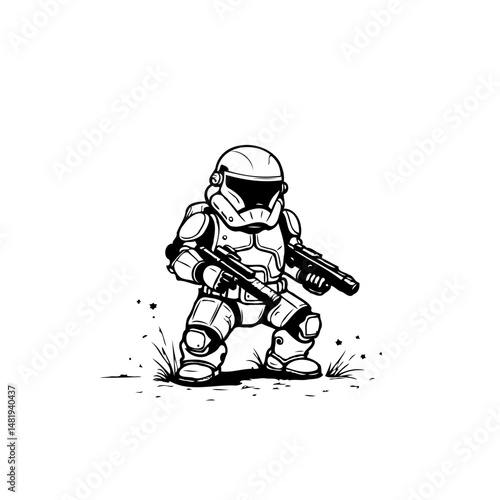 Stylized armored warrior with dual blasters in a monochromatic scheme design
