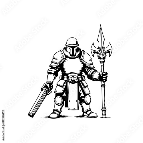 Stylized Illustration of a Medieval Knight with Spear and Sword in Black and White
