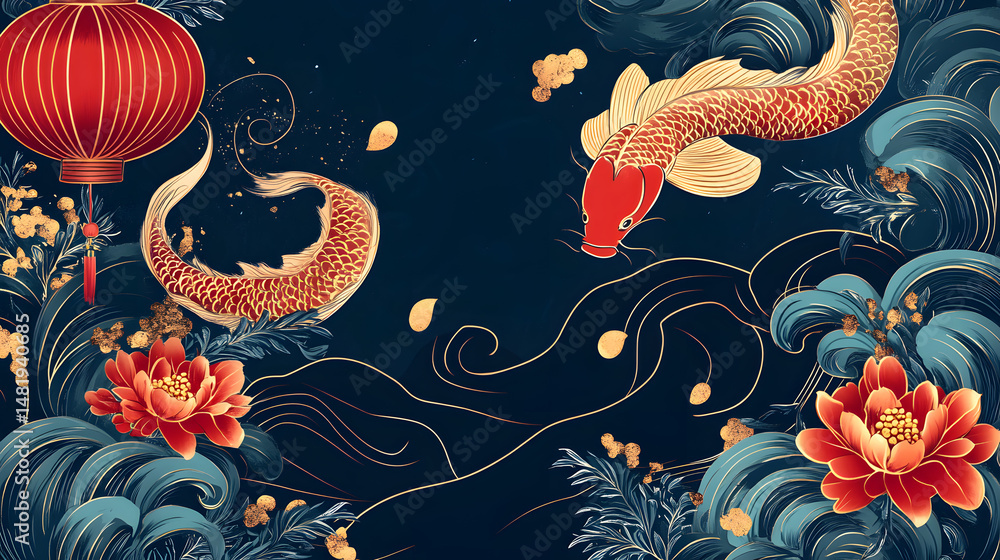Obraz premium Vibrant koi fish swim amidst rich floral designs and traditional lanterns, showcasing a blend of culture and artistry.