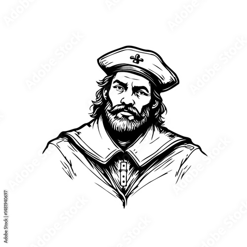 Monochrome linework portrait of a stern mariner with cap and distinguished beard