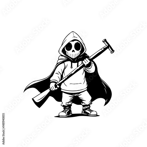 Monochromatic hooded character with skull mask wielding a unique tool