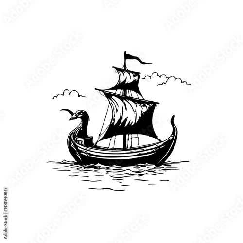Monochromatic depiction of a longship with duck figurehead sailing gently