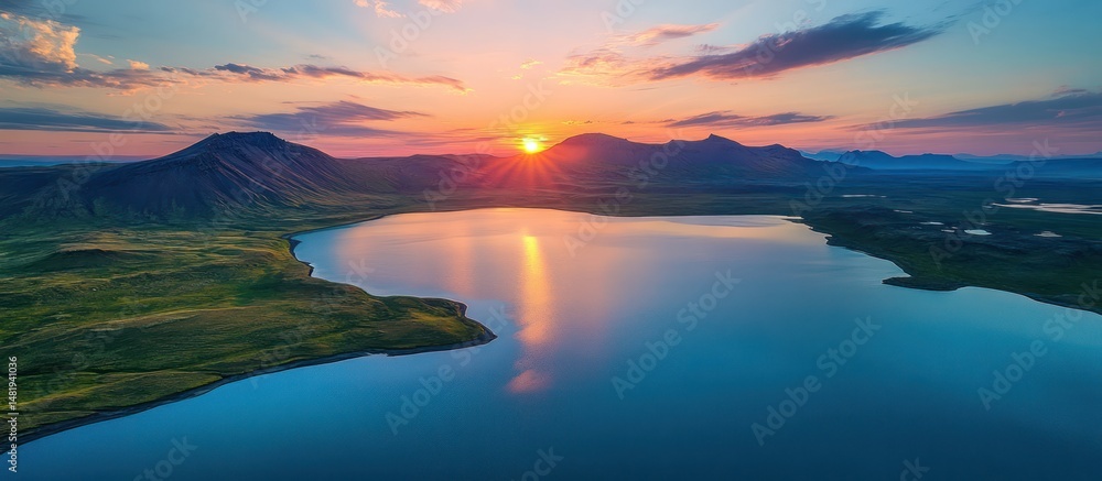 Fototapeta premium Lake at Sunset Landscape View of Mountain