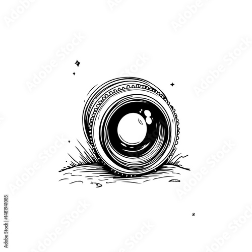 Artistic representation of a stylized camera lens with shimmering elements