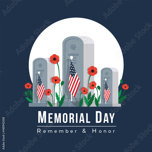 Memorial Day Of USA - Veterans Cemetery with american flag and red poppy flower plant around in white circle on blue background vector design