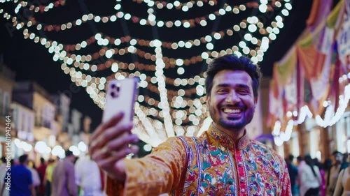 Joyful young indian male celebrating festive night with selfie under vibrant lights.