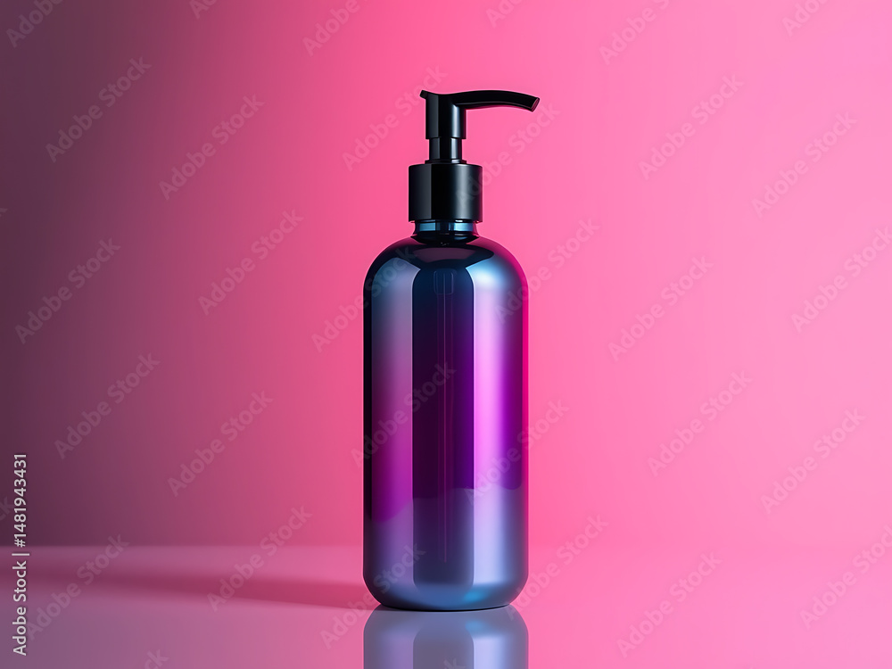 Elegant blue and purple gradient liquid dispenser against a pink backdrop with reflection Elegant blue and purple gradient liquid dispenser against a pink backdrop with reflection