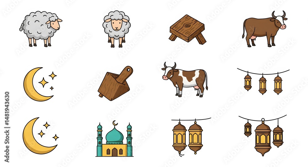 Fototapeta premium Eid al-Adha Icon Set: Islamic Holiday Vector Graphics