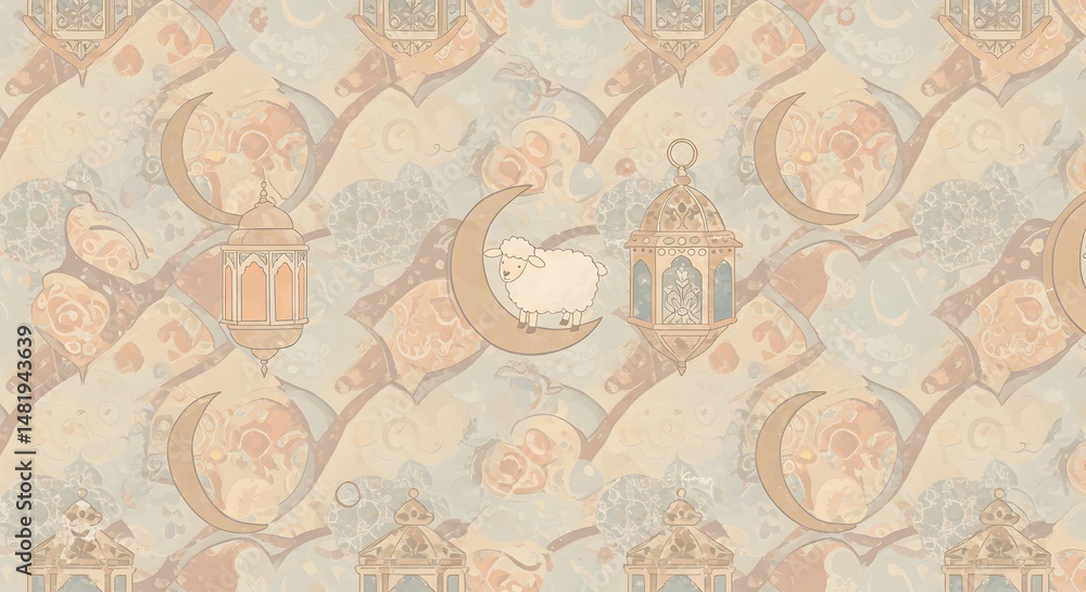 Obraz premium Eid Al-Adha Seamless Pattern: Crescent Moon, Sheep, and Lanterns