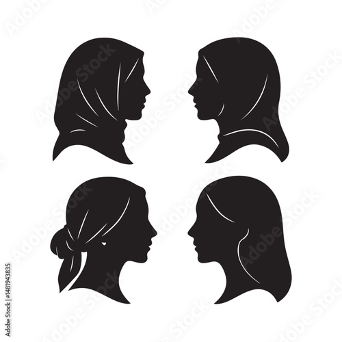 Bold headscarf side profile icons silhouette set