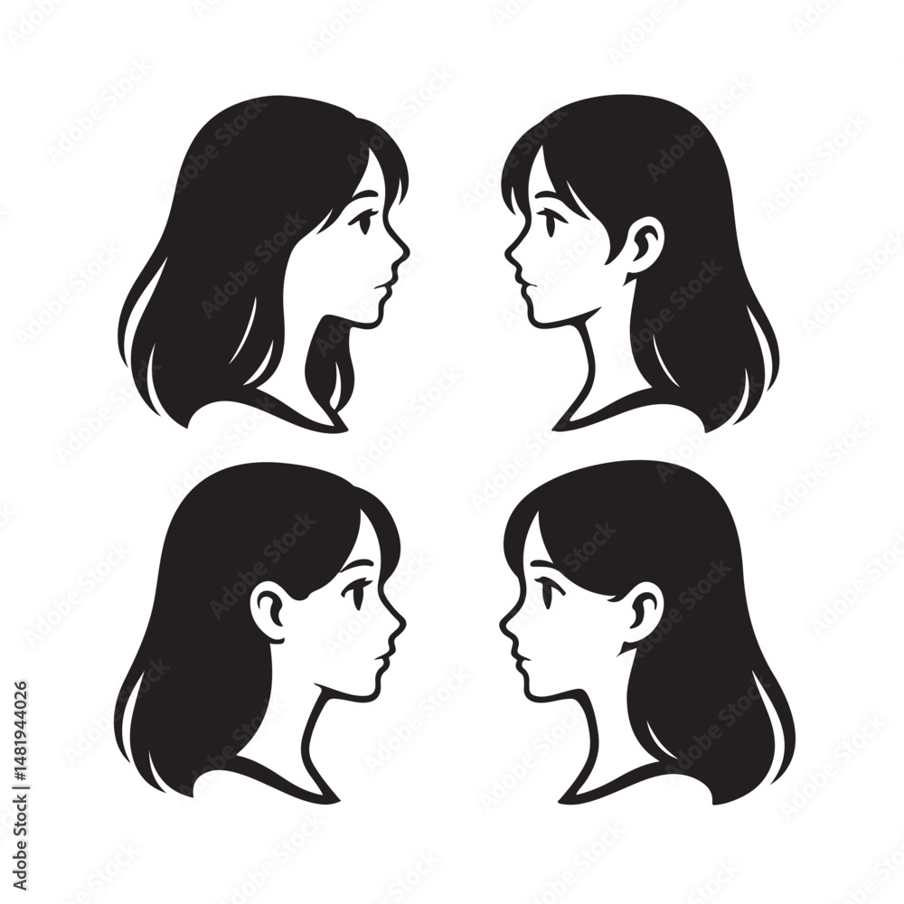 Bold long hair side profile icons silhouette bundle Bold long hair side profile icons silhouette bundle