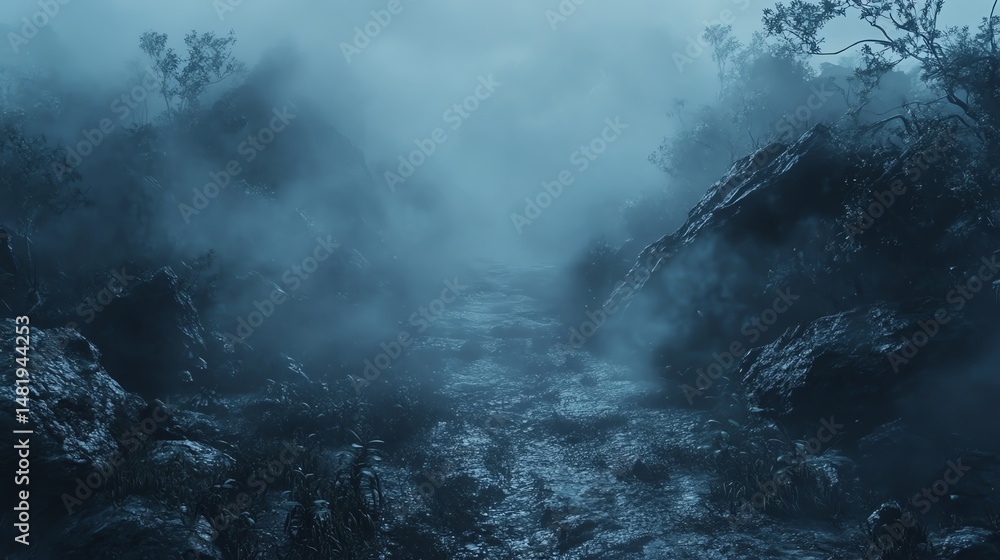 Obraz premium Misty pathway through a mysterious landscape.