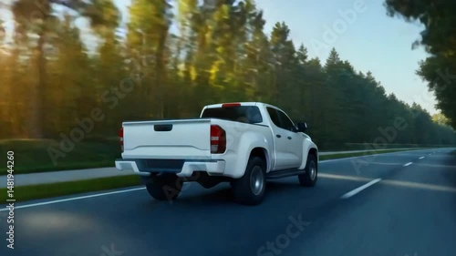 White pickup truck is driving down a road with trees in the background. The sun is shining brightly, creating a warm and inviting atmosphere. The truck is moving quickly