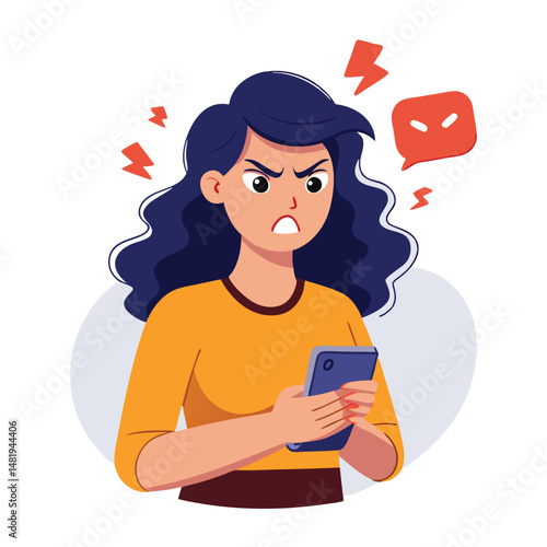 Angry woman online, texting hate comment on mobile phone. Aggressive person with smartphone, chatting in social media, internet conflict. Flat vector illustration isolated on white background 