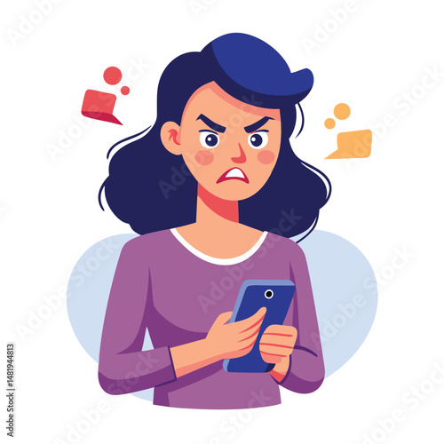 Angry woman online, texting hate comment on mobile phone. Aggressive person with smartphone, chatting in social media, internet conflict. Flat vector illustration isolated on white background 