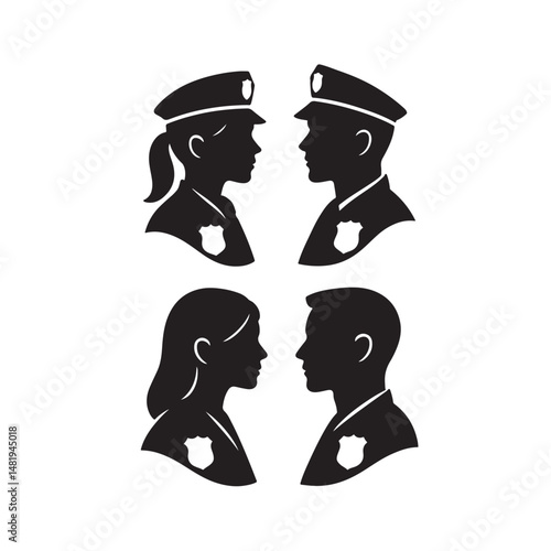 Male and female police officer avatars silhouette set