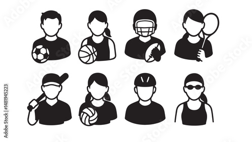 Athletes and sports players avatar icons silhouette bundle
