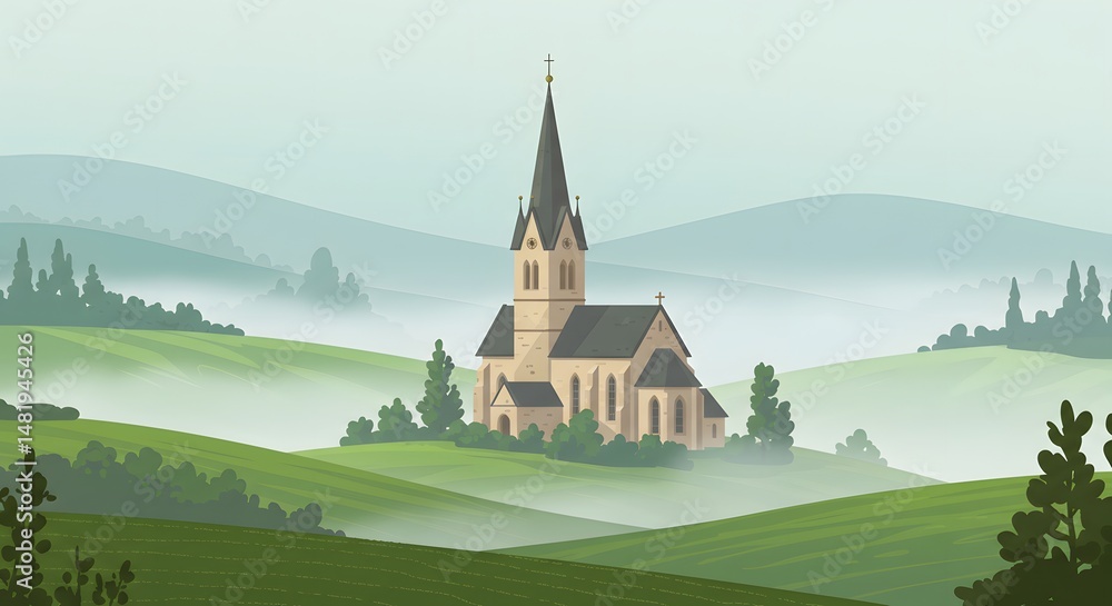 Naklejka premium Serene Church in Misty Hills: A Peaceful Landscape Illustration