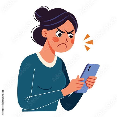 Angry woman online, texting hate comment on mobile phone. Aggressive person with smartphone, chatting in social media, internet conflict. Flat vector illustration isolated on white background 