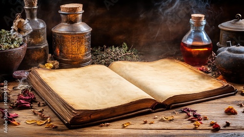 Old book surrounded by herbs and potions.