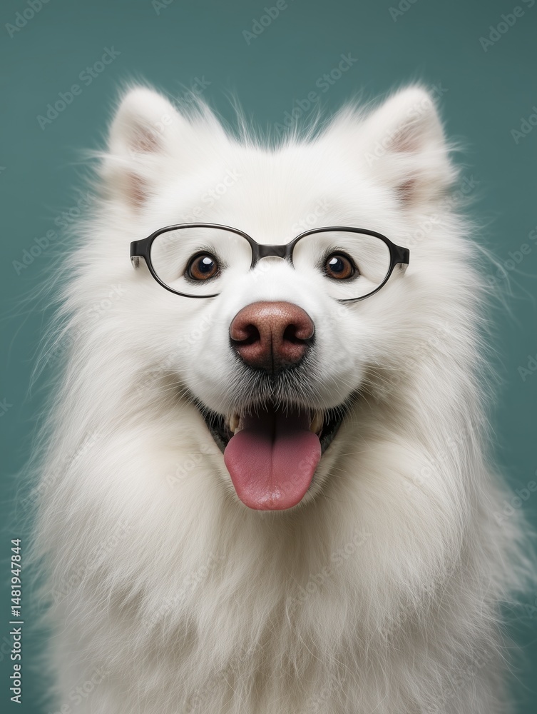 Obraz premium Samoyed Dog Wearing Glasses with Tongue Out: Cute and Happy Expression on Solid Color Background