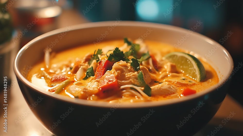 A bowl of Thai red curry with chicken, garnished with cilantro and lime A bowl of Thai red curry with chicken, garnished with cilantro and lime