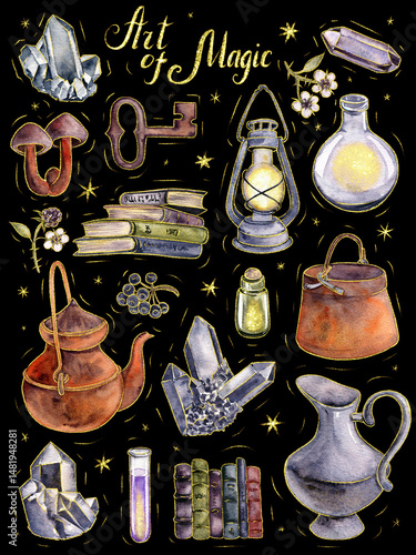 watercolor drawing card with objects for witch, teapot, magic crystals, bottles of poison, mushrooms and plants and golden elements at black background, hand drawn illustration