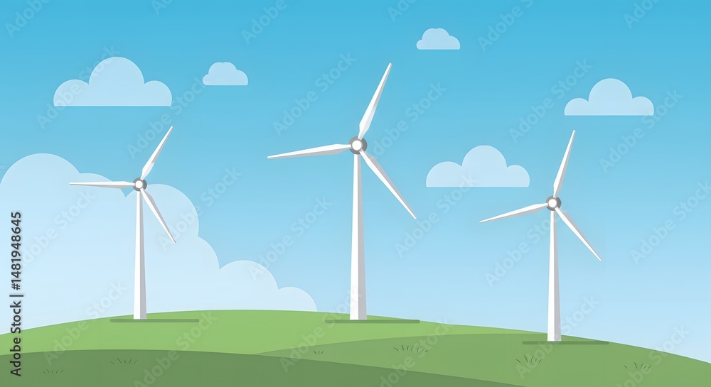 Fototapeta premium Wind Turbine Farm on Green Hill, Clean Energy Illustration