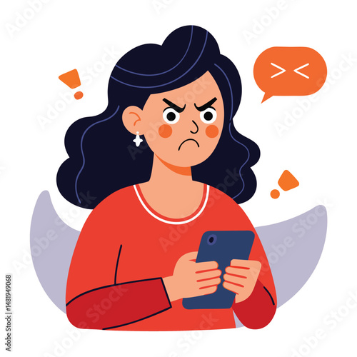 Angry woman online, texting hate comment on mobile phone. Aggressive person with smartphone, chatting in social media, internet conflict. Flat vector illustration isolated on white background 