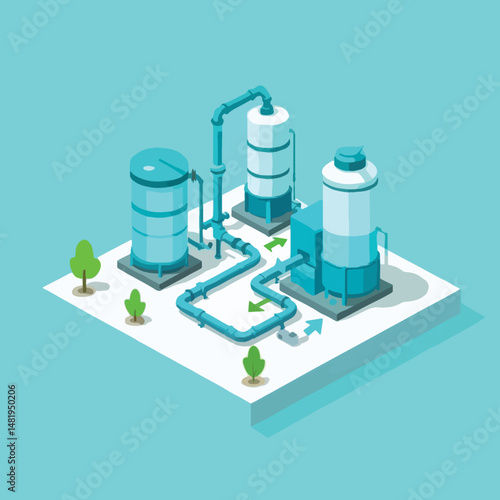 Isometric icon of sustainable consumption with water processing plant  