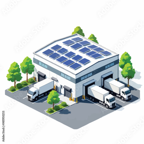 Solar-powered warehouse with delivery trucks parked in green environment - Concept of isometric icon of sustainable consumption  