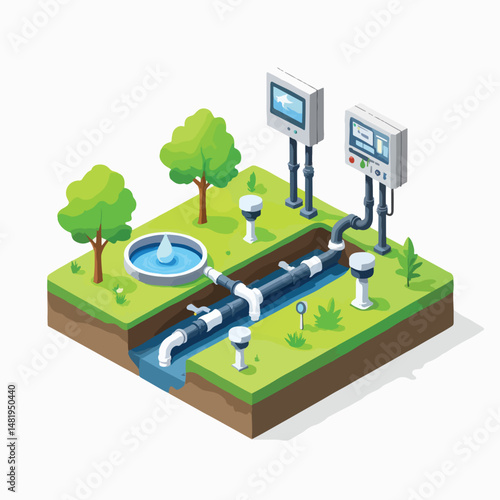 Isometric illustration of eco-friendly water consumption concept