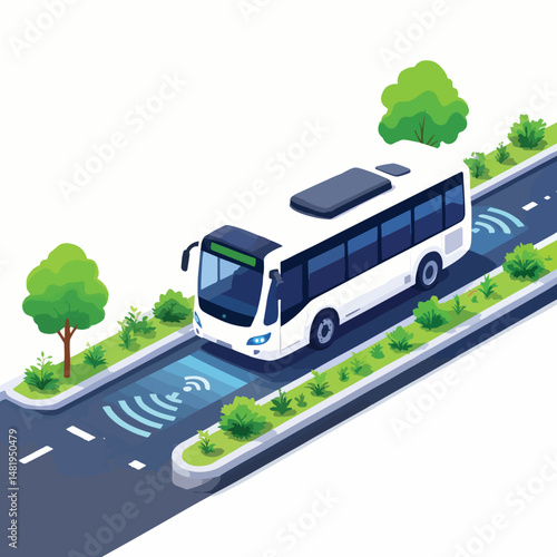 Isometric icon of eco-friendly public transportation bus on street  