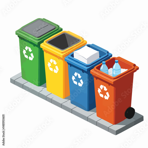 Isometric icon of eco-friendly waste disposal bins for recycling  
