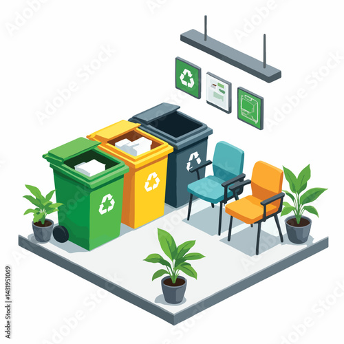 Isometric illustration of recycling bins and seating area in office  