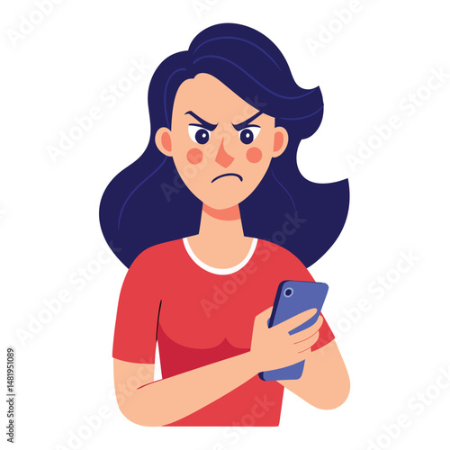 Angry woman online, texting hate comment on mobile phone. Aggressive person with smartphone, chatting in social media, internet conflict. Flat vector illustration isolated on white background 