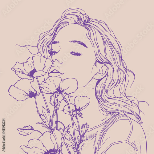 Dreamy Woman with Flowers in a Minimalist Line Art Style. Drawing in purple hues depicting a serene woman smelling a bouquet of poppy flowers.