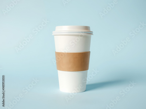 White Takeaway Coffee Cup with Kraft Sleeve Mockup on Light Blue Background