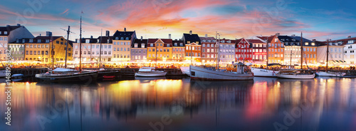 Panorama of Copenhagen canal Nyhavn at sunset, Denmark