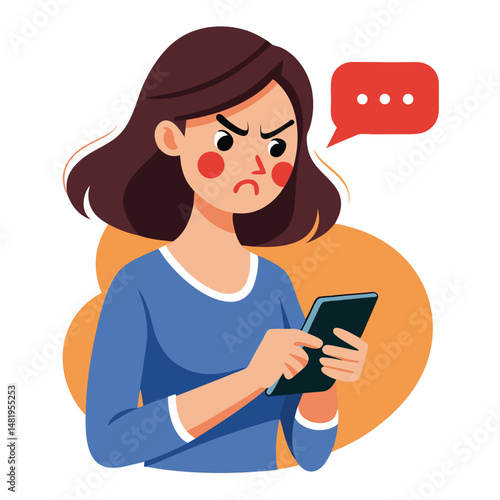 Angry woman online, texting hate comment on mobile phone. Aggressive person with smartphone, chatting in social media, internet conflict. Flat vector illustration isolated on white background 