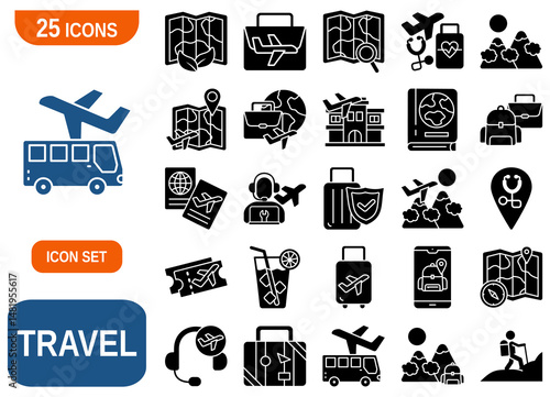 A comprehensive set of 25  icons representing various aspects of travel and tourism. 
