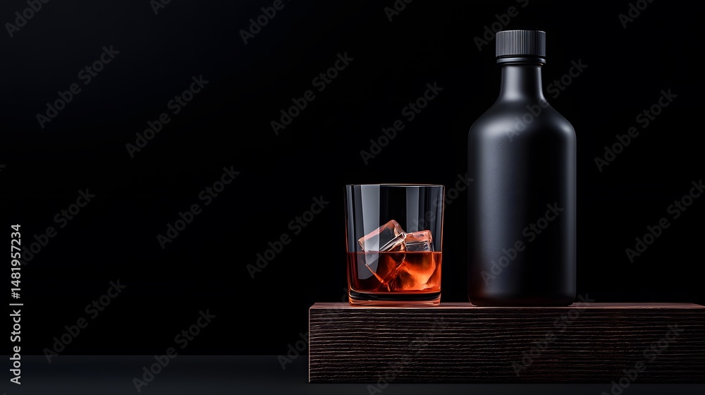 Dark Amber Drink in a Glass with Ice Cubes and Matte Black Bottle on Wooden Surface Dark Amber Drink in a Glass with Ice Cubes and Matte Black Bottle on Wooden Surface