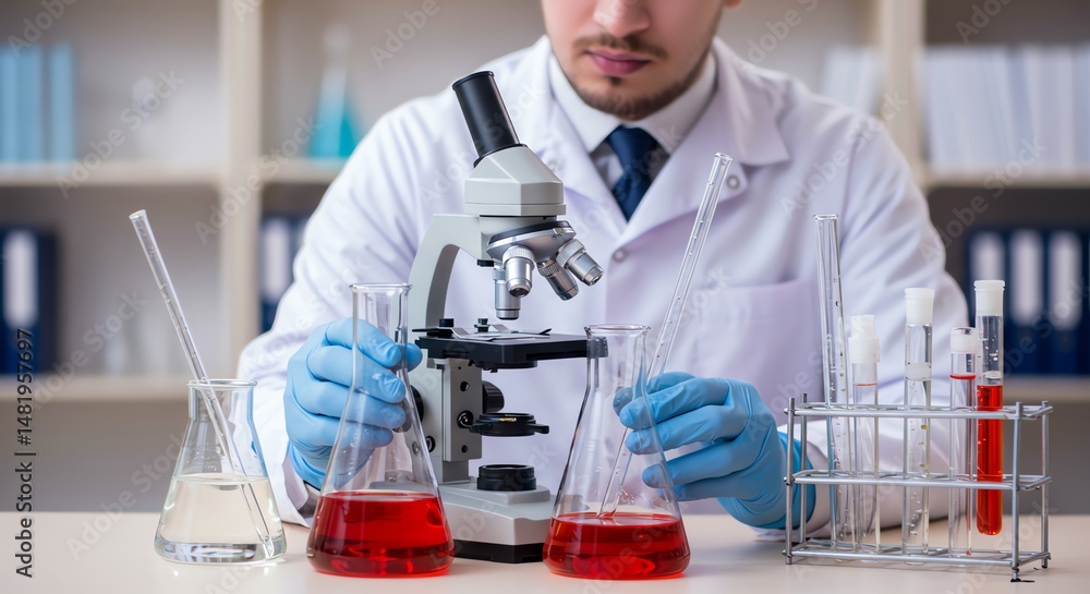Scientist Analyzing Samples Using Microscope in Laboratory Scientist Analyzing Samples Using Microscope in Laboratory