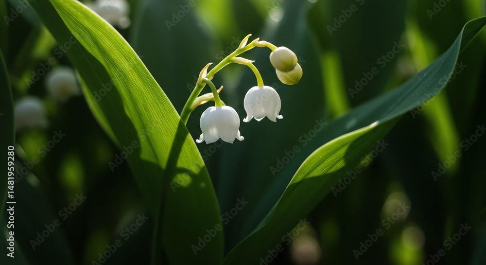 Obraz premium Lily of the Valley Blooming with Sunlight Highlighting Green Leaves