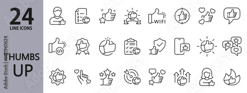 Thumb Up line icons set with Like, Agree, Feedback, Rating, Vote, Good, Best and more. Editable Stroke