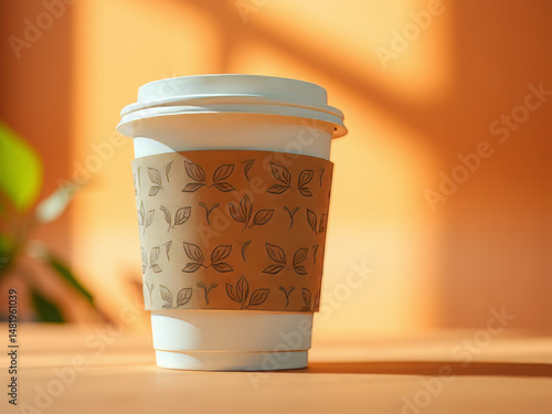 Morning Sunlight on Takeaway Coffee Cup with Botanical Leaf Sleeve
